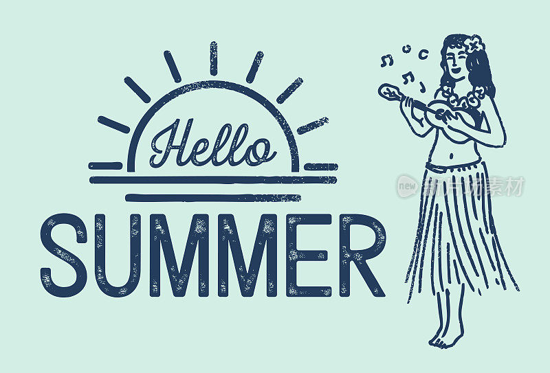 “hello summer”(哈罗夏天)，插图是一个跳草裙舞的女孩弹奏四弦琴，向量